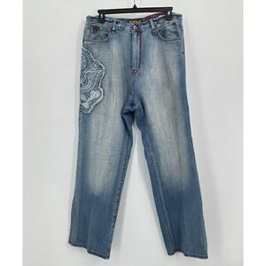 Y2K Akademics‎ Jeans Mens 38 Blue Red Denim Butt Hit Hip Hop Streetwear Patches